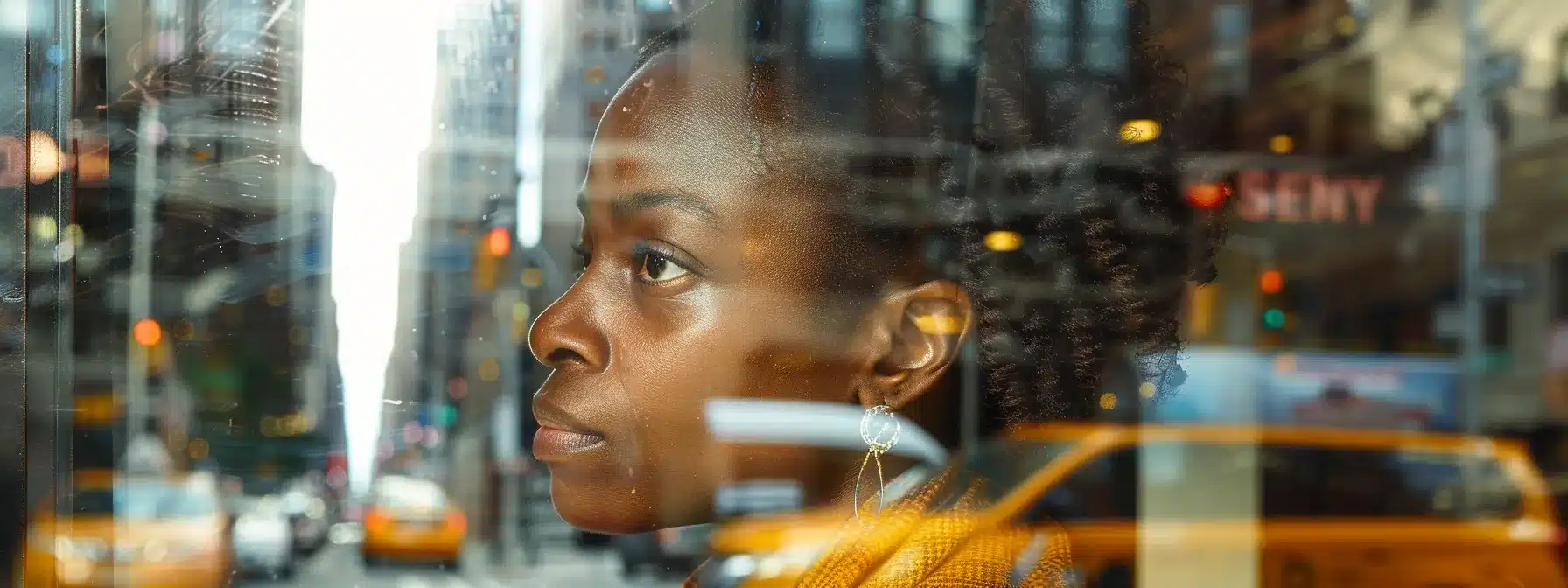 a contemplative individual gazes out of a bustling new york city window, reflecting on the challenges of travel and access in in-person therapy, surrounded by the vibrant energy of the city.