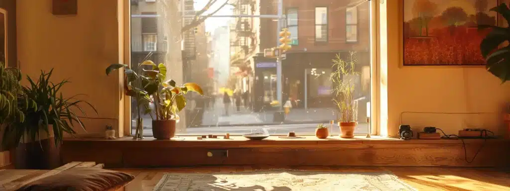 a serene and inviting therapy room bathed in warm natural light, juxtaposed with a vibrant urban street scene outside, symbolizing the contrast between online and in-person therapy experiences in new york city.