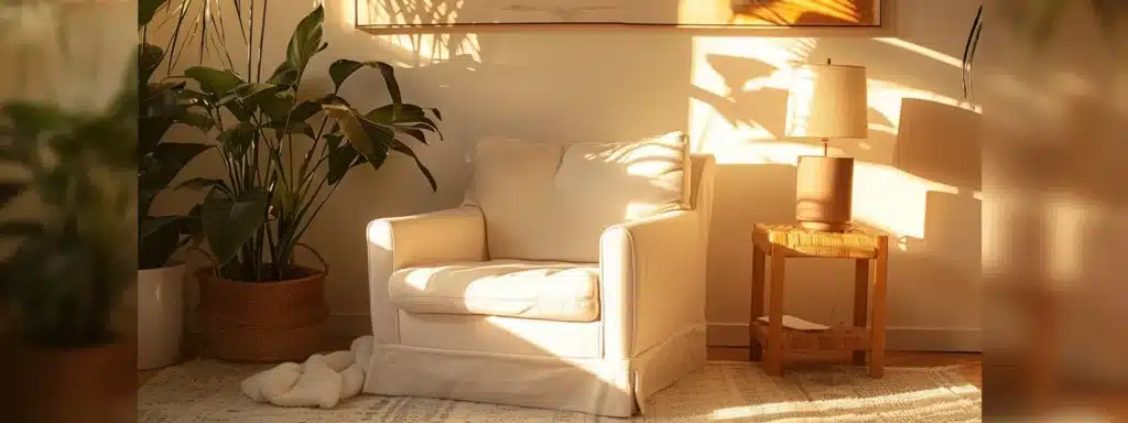 a serene and modern therapy room bathed in soft natural light, featuring a comfortable armchair and calming decor that conveys a sense of tranquility and support for online therapy sessions in nyc.