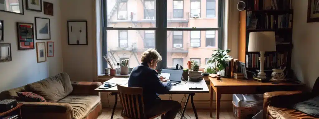 a serene home office bathed in soft natural light, showcasing a laptop with a focused therapist on screen, symbolizing the accessibility and comfort of online therapy in nyc.