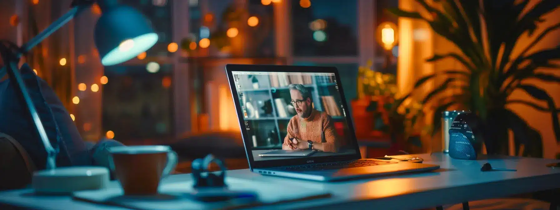 a therapist's virtual session unfolds on a laptop screen, illuminated by soft lighting, revealing a blurred backdrop of a cozy yet cluttered home environment that hints at distractions affecting the therapeutic connection.