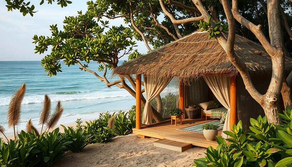 a gazebo on a sandy beach next to the ocean