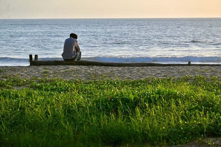 Man sitting on a bench looking out at the ocean